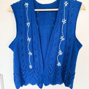 Hand Knit Embroidered Blue Cottagecore Festival Vest | Fourth of July